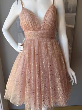 Sparkling Blush Pink A-Line Prom Dress with Plunge V-Neck